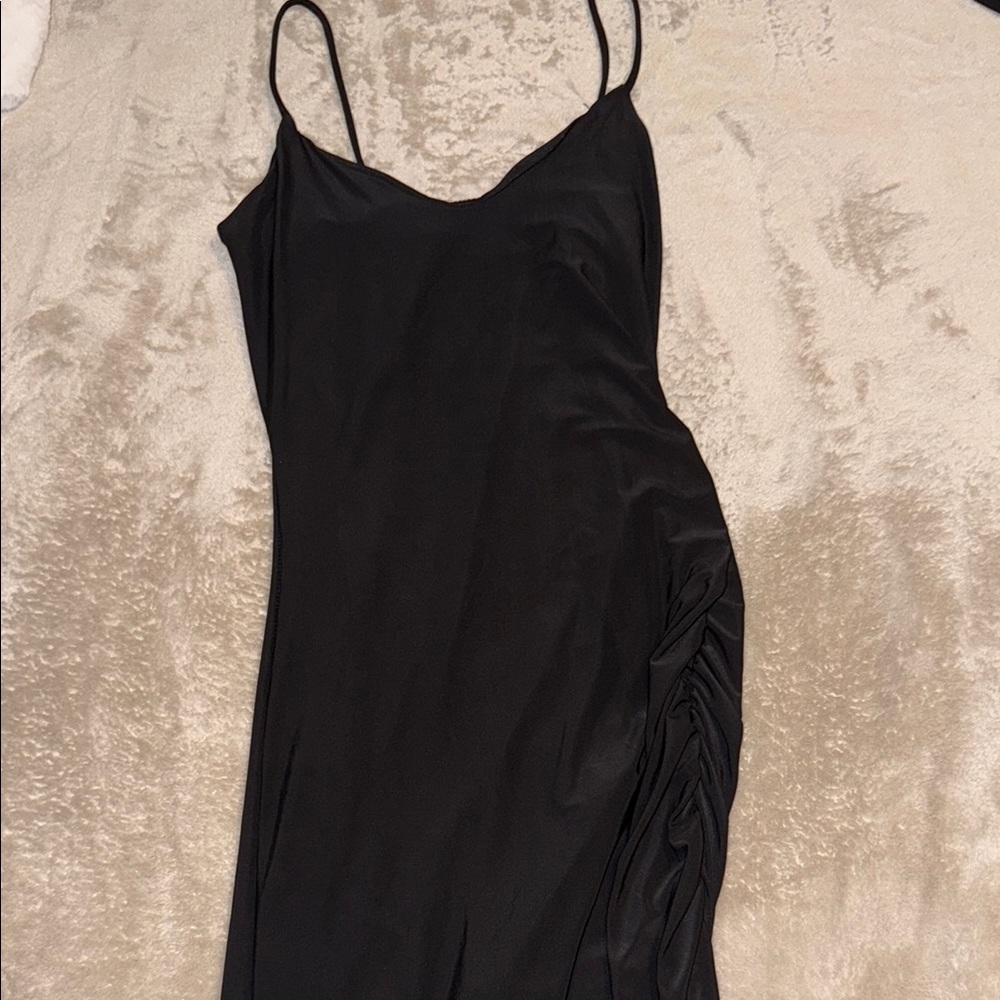 Black Slip Dress with Side Ruched Detail